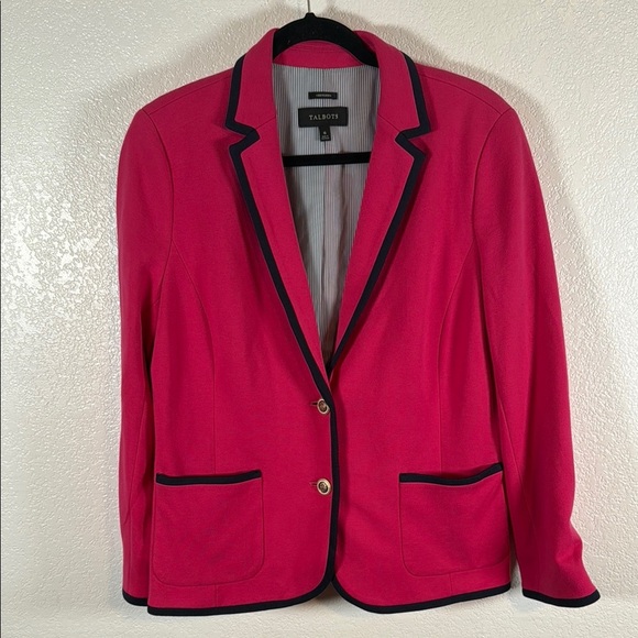 Talbots Pink & Navy Trimmed Aberdeen Blazer Size 16 Preppy Career Wear - Picture 1 of 7